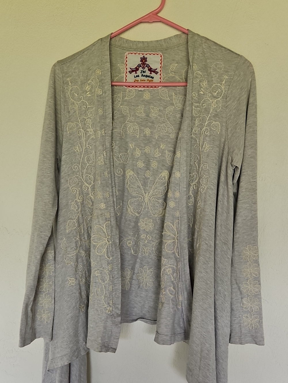 Johnny Was Embroidered Floral Butterfly Light Gray Open-Front Cardigan Size M